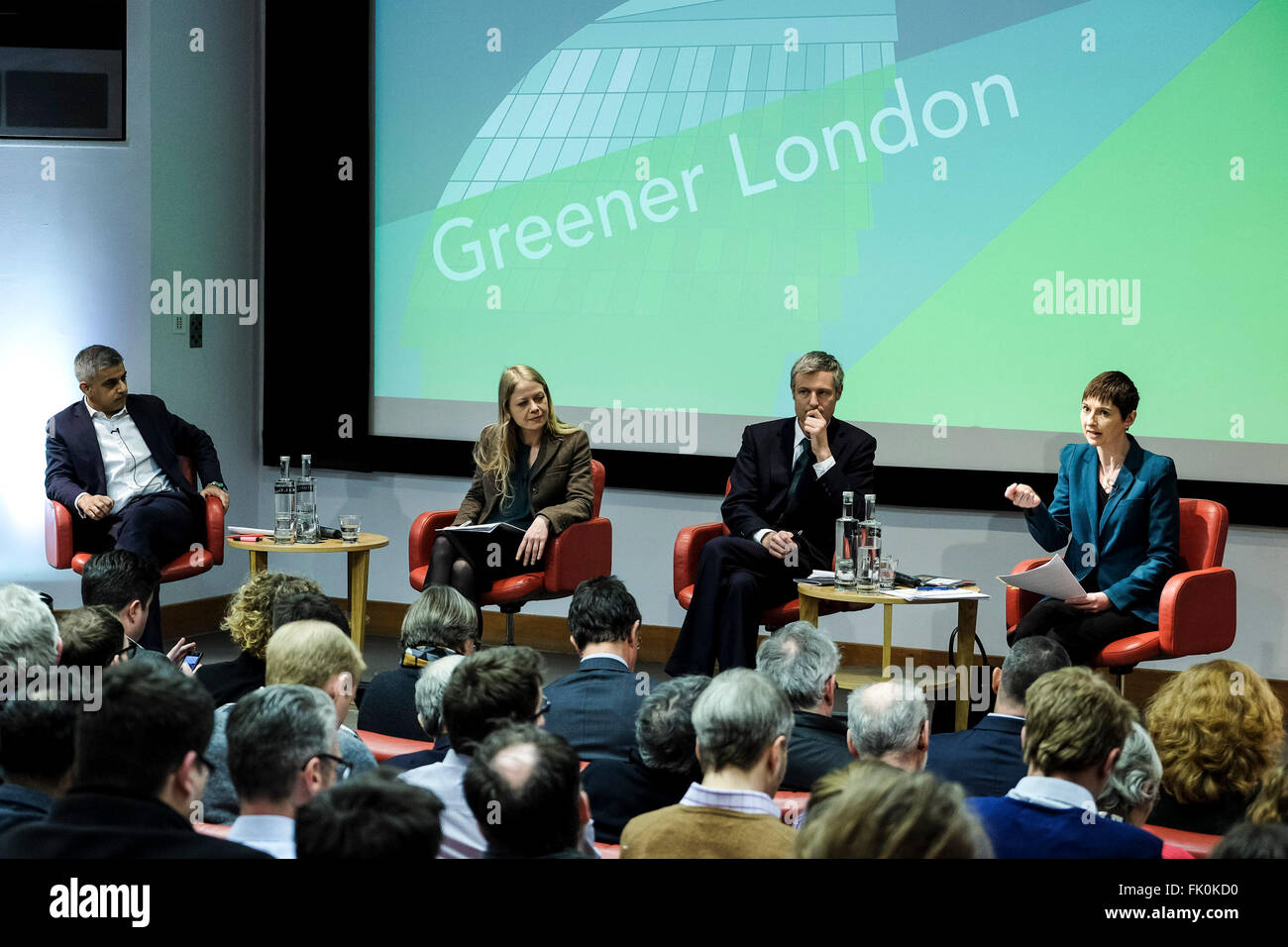 Greener London Hustings on 04/03/2016 at Royal Society of Medicine, One Wimpole Street, London. Pictured: Sadiq Khan, Zac Goldsmith, Sian Berry, Caroline Pidgeon. Picture by Julie Edwards/Alamy Live News Stock Photo