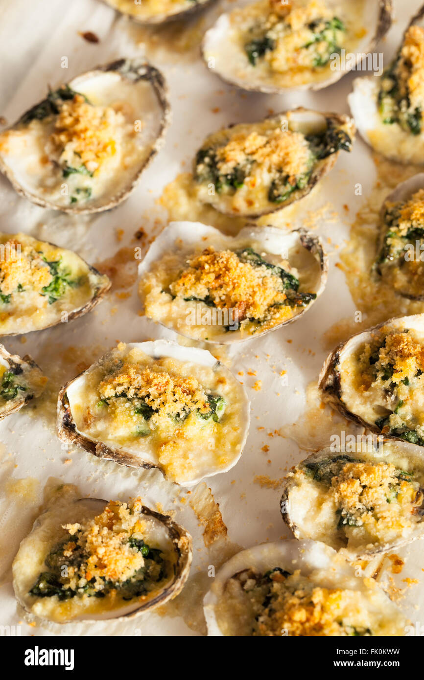 Homemade Creamy Oysters Rockefeller with Cheese and Spinach Stock Photo