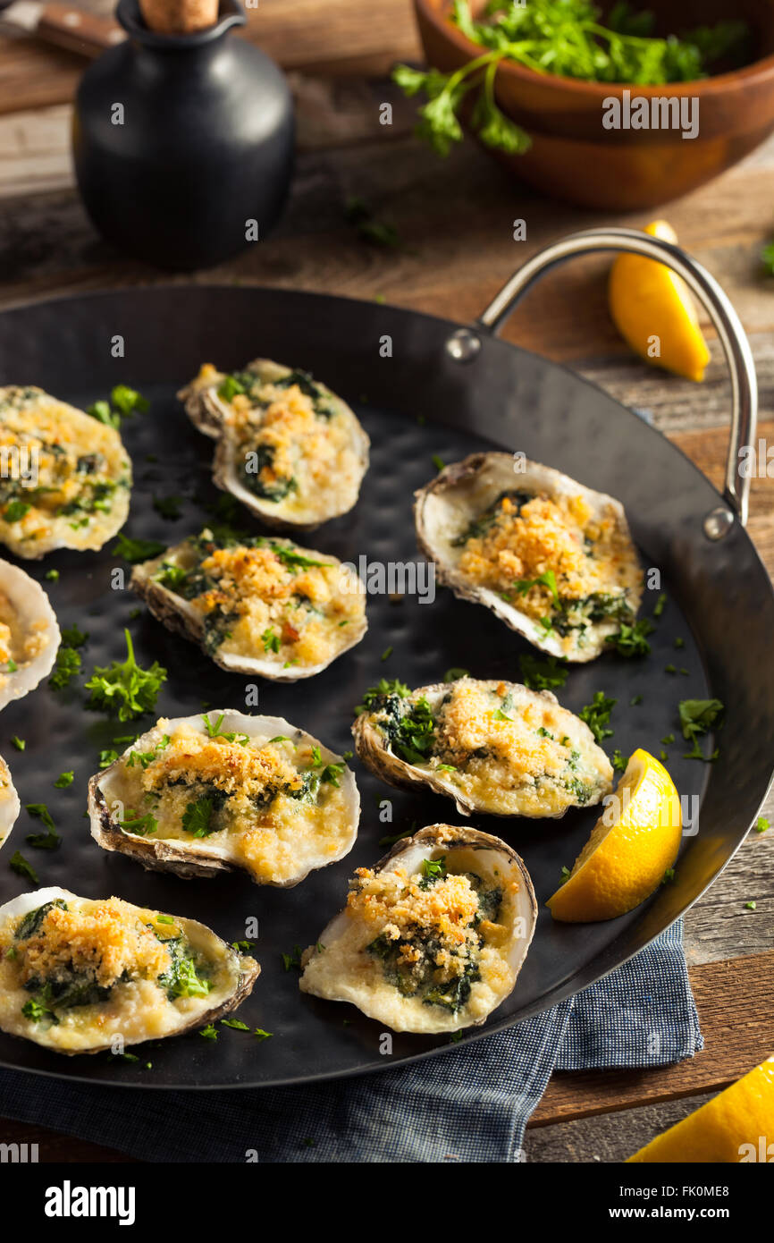 Homemade Creamy Oysters Rockefeller with Cheese and Spinach Stock Photo