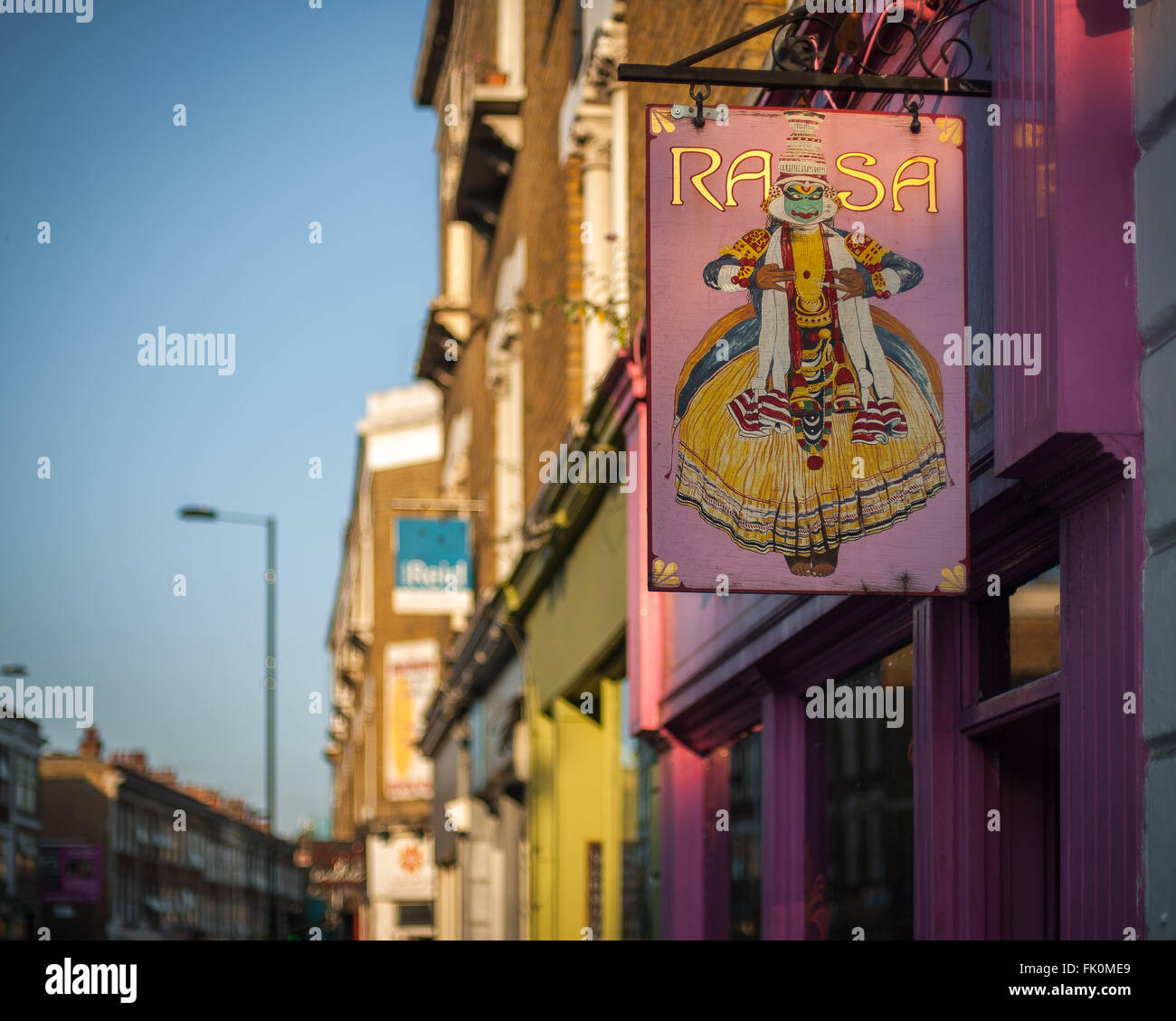 Rasa Indian restaurant sign and Church Street, Stoke Newington, London Stock Photo