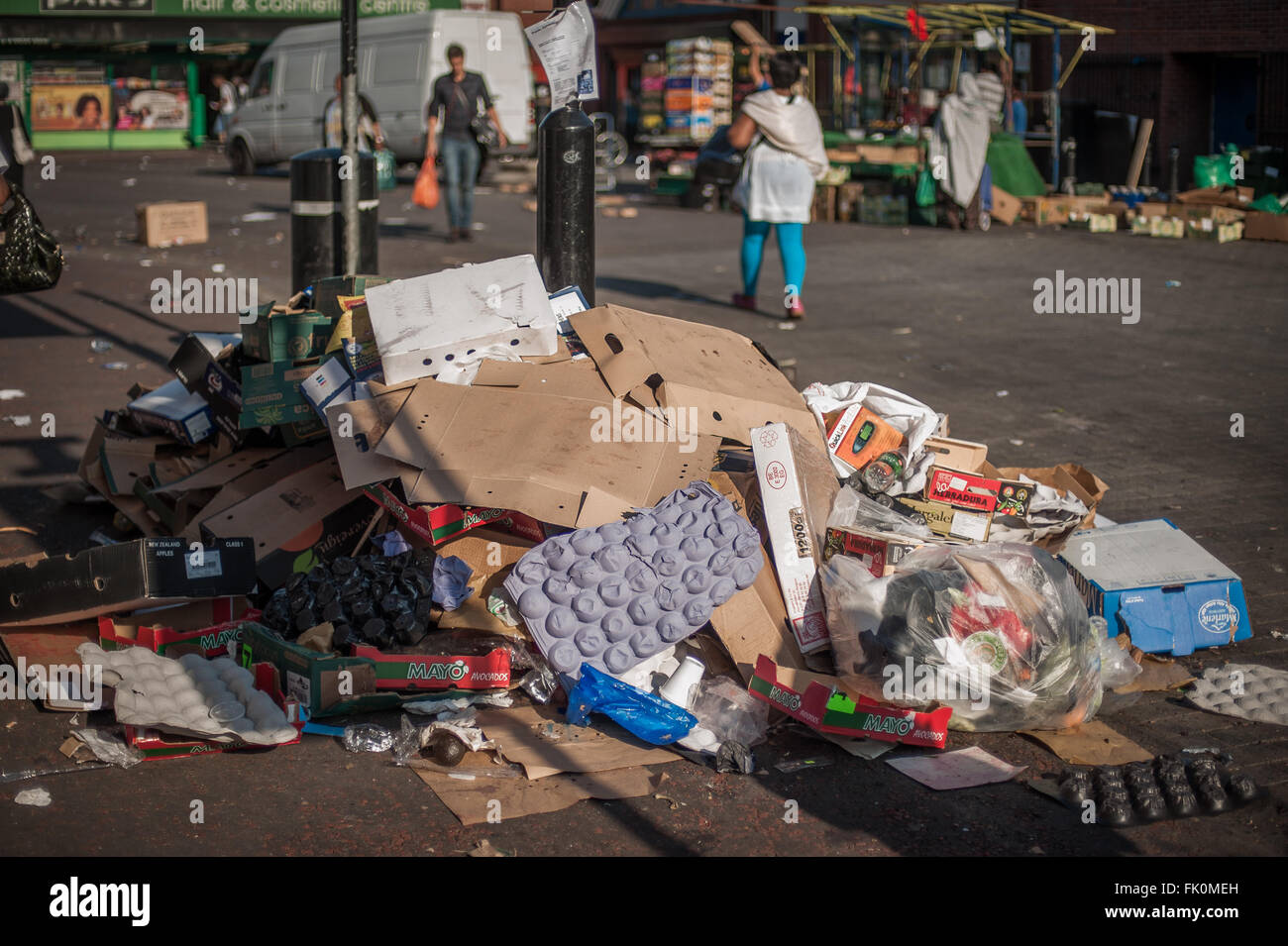 Rubbish aftermath of Ridley Road Market, Dalston, East London Stock