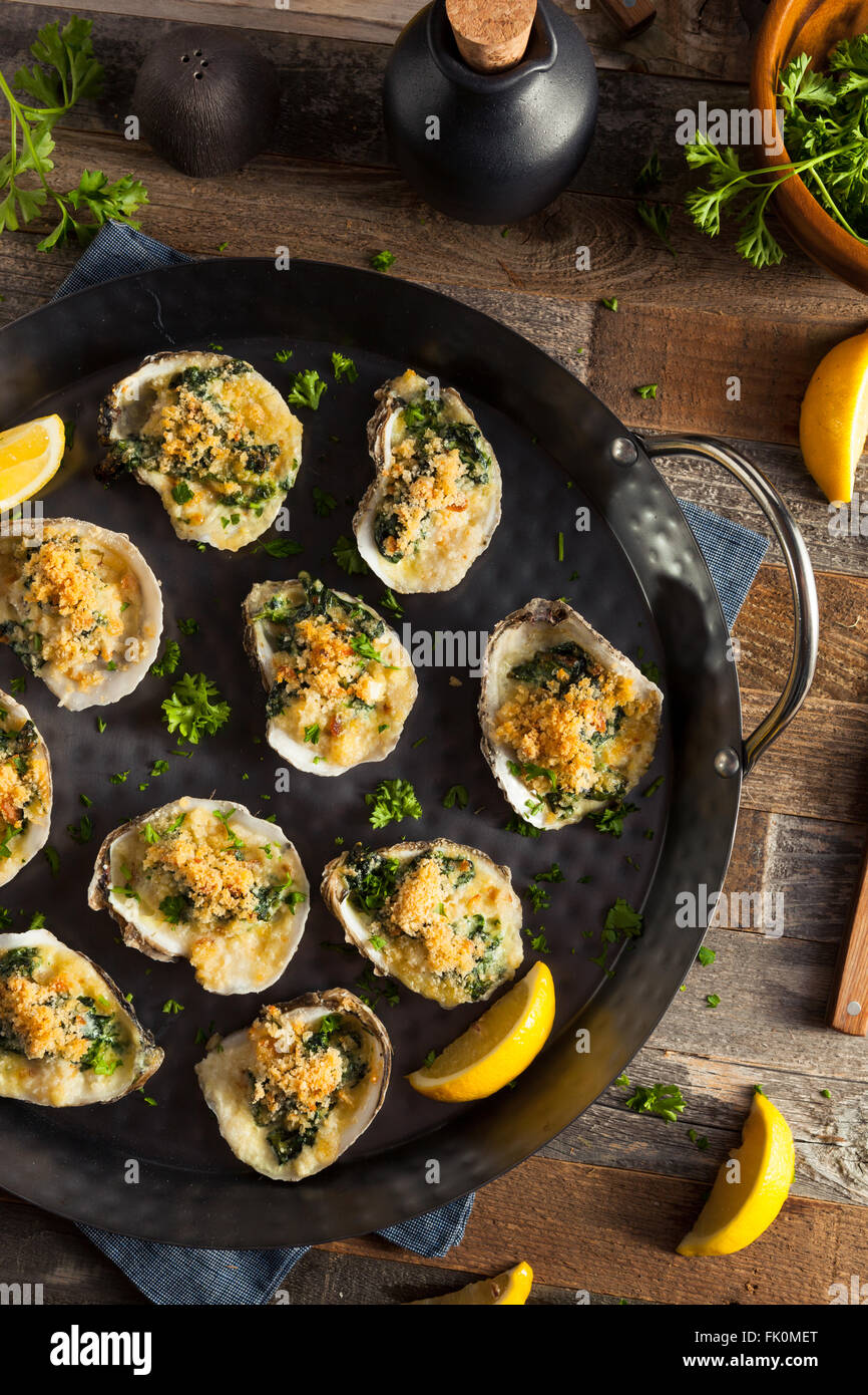 Homemade Creamy Oysters Rockefeller with Cheese and Spinach Stock Photo