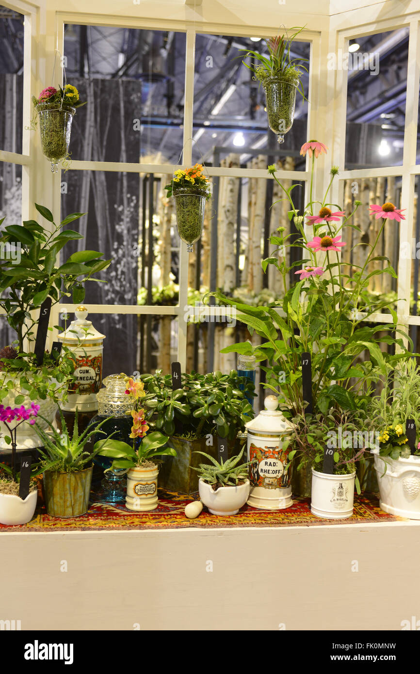 Philadelphia, USA. 4th March, 2016. Windowsills on display at the tiny treasures category at the PHS Flower Show. 'Explore America' is the theme for the 2016 edition of the Pennsylvania Horticulture Society Flower Show. The annual show, the largest in its kind, is held at the Pennsylvania Convention Center in Center City Philadelphia PA., and runs till March 13. Stock Photo
