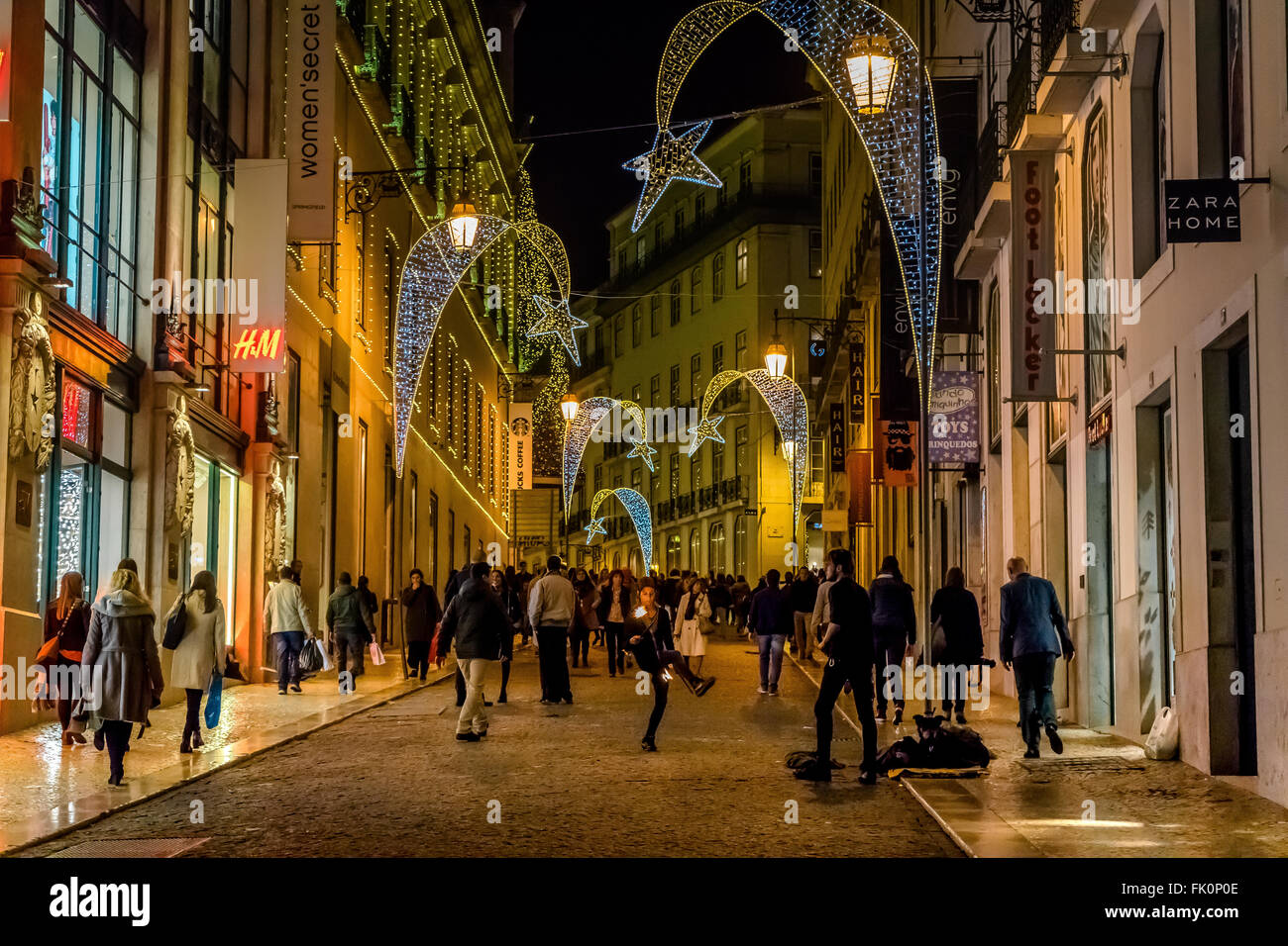 Baixa Chiado, Lisbon, Portugal decorated in Christmas lights Stock Photo -  Alamy