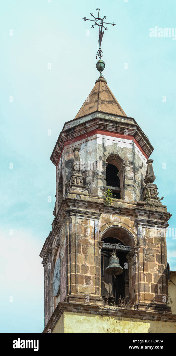 The bell tower of an old church in Patzcuaro, Mexico Stock Photo