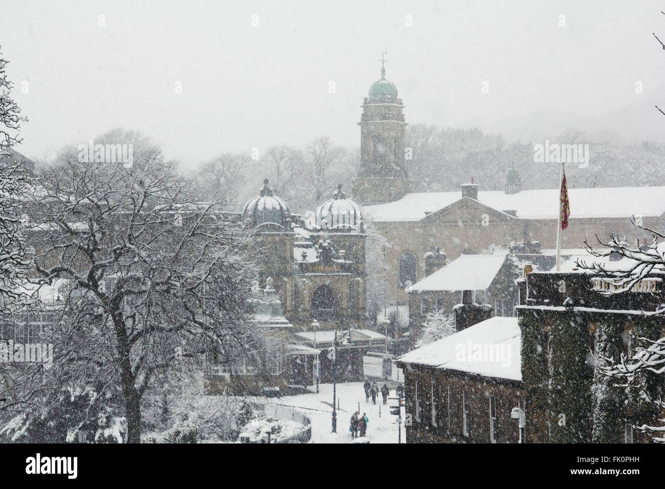 View of the town of Buxton in a snow storm. Stock Photo