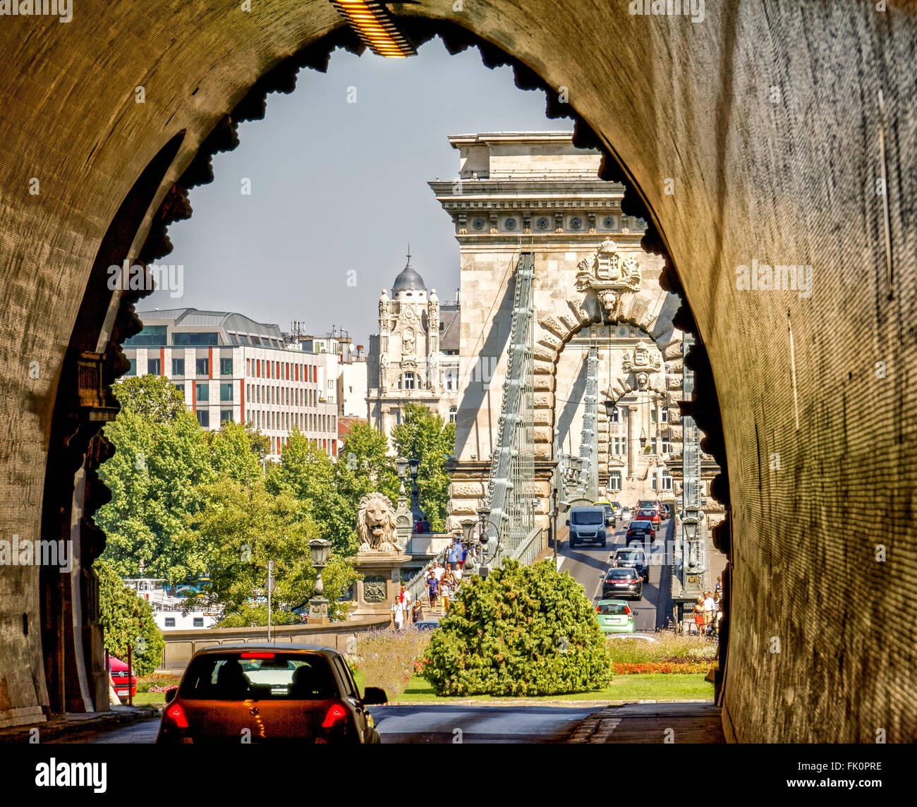 Exiting from the Buda Castle Tunnel towards the Szechenyi Chain Bridge in Budapest, Hungary Stock Photo