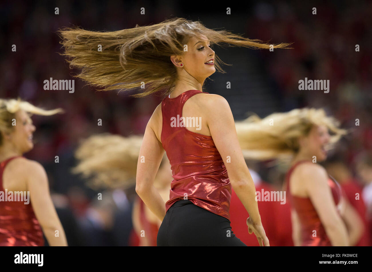 Madison, WI, USA. 28th Feb, 2016. Wisconsin Badgers cheerleaders entertain the crowd during the NCAA Basketball game between the Michigan Wolverines and the Wisconsin Badgers at the Kohl Center in Madison, WI. Wisconsin defeated Michigan 68-57. John Fisher/CSM/Alamy Live News Stock Photo