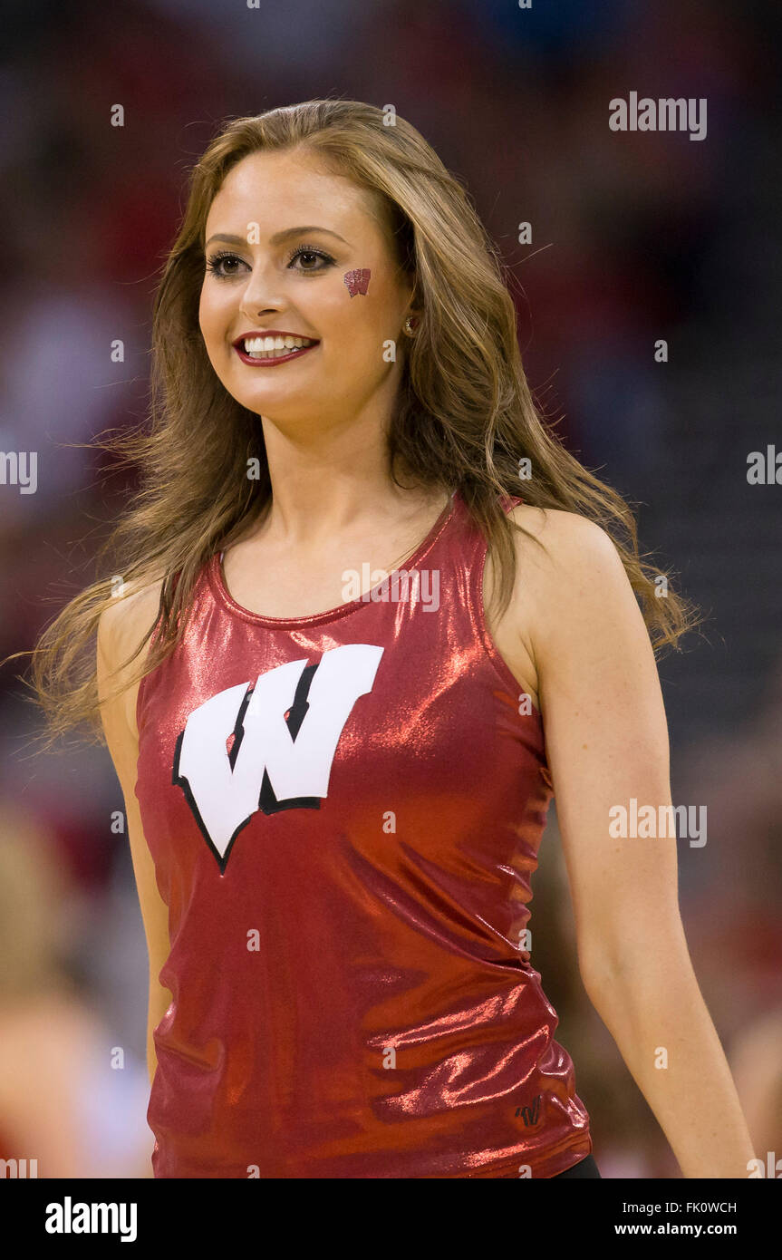 Madison, WI, USA. 28th Feb, 2016. Wisconsin Badgers cheerleaders entertain the crowd during the NCAA Basketball game between the Michigan Wolverines and the Wisconsin Badgers at the Kohl Center in Madison, WI. Wisconsin defeated Michigan 68-57. John Fisher/CSM/Alamy Live News Stock Photo