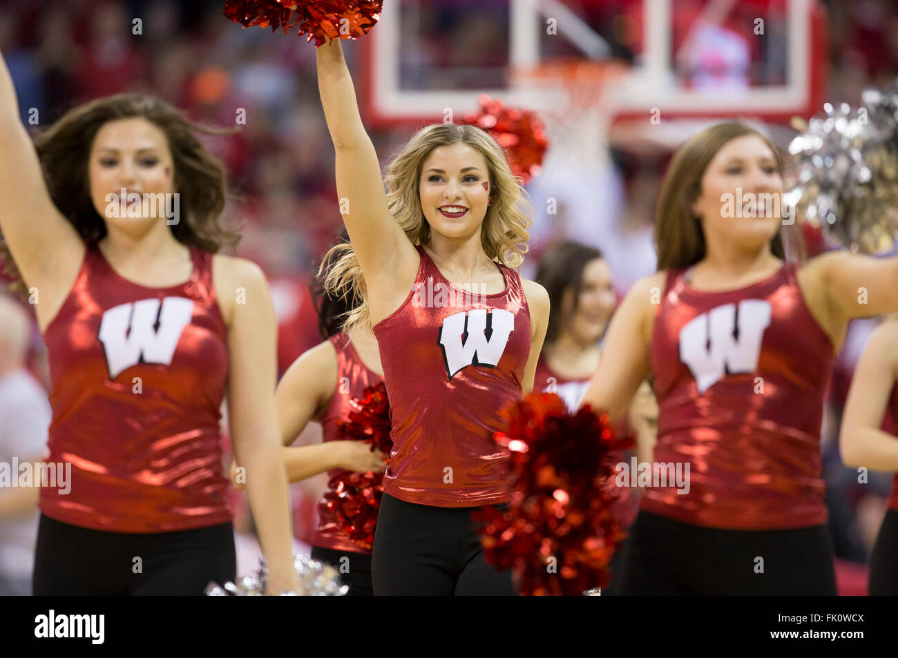 Madison, WI, USA. 28th Feb, 2016. Wisconsin Badgers cheerleaders entertain the crowd during the NCAA Basketball game between the Michigan Wolverines and the Wisconsin Badgers at the Kohl Center in Madison, WI. Wisconsin defeated Michigan 68-57. John Fisher/CSM/Alamy Live News Stock Photo