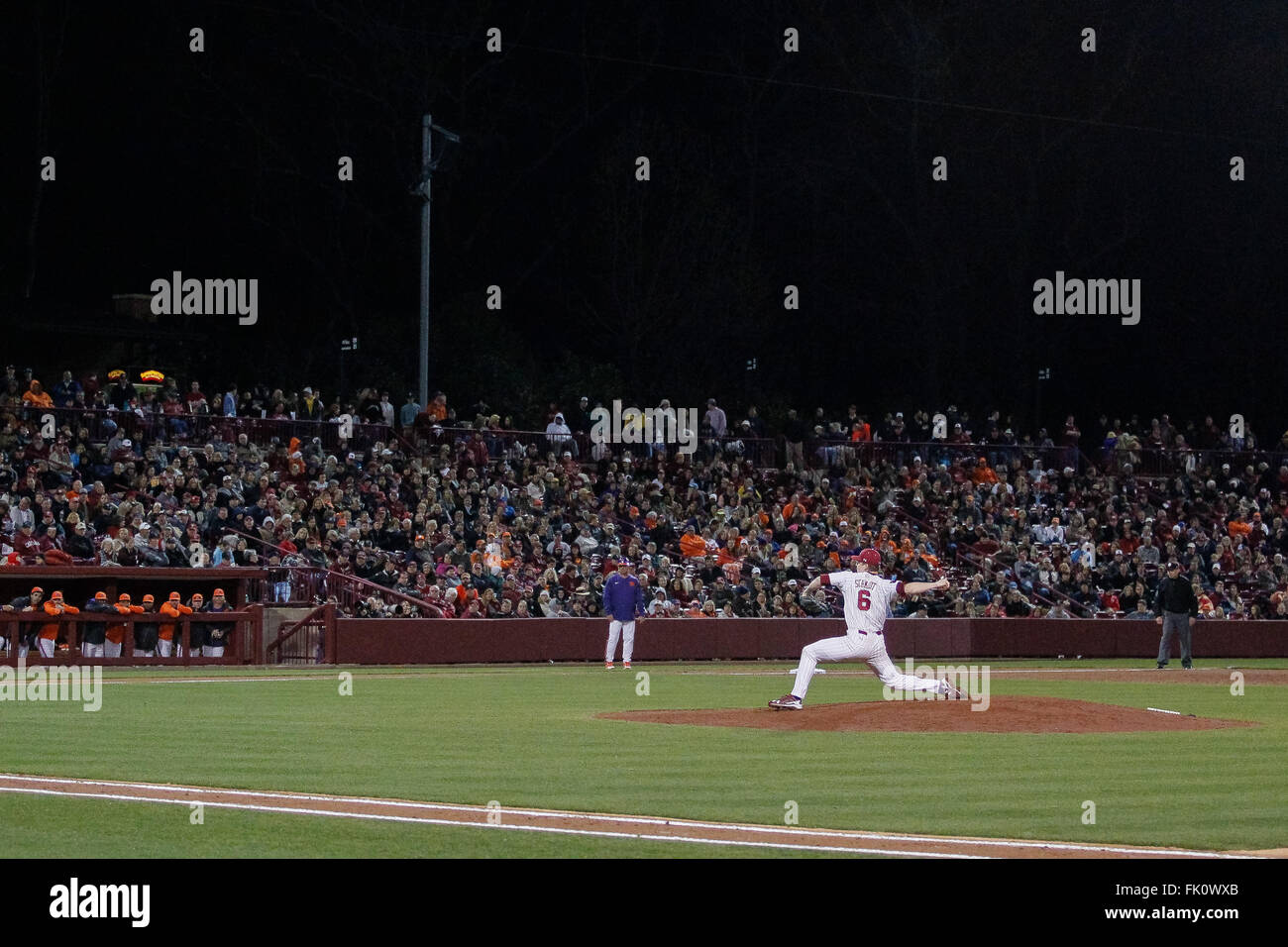 Columbia, SC, USA. 4th Mar, 2016. Clarke Schmidt (6) of the South Carolina  Gamecocks starts the NCAA Baseball match-up between the Clemson Tigers and  the South Carolina Gamecocks at Founder's Park in