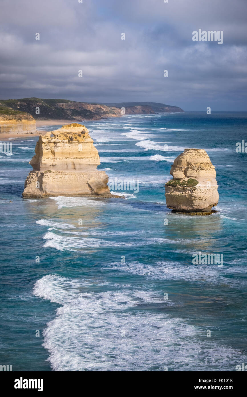 The sea stacks, known as Gog & Magog, near the Gibson Steps and the 12 Apostles in Port Campbell National Park, Victoria. Stock Photo