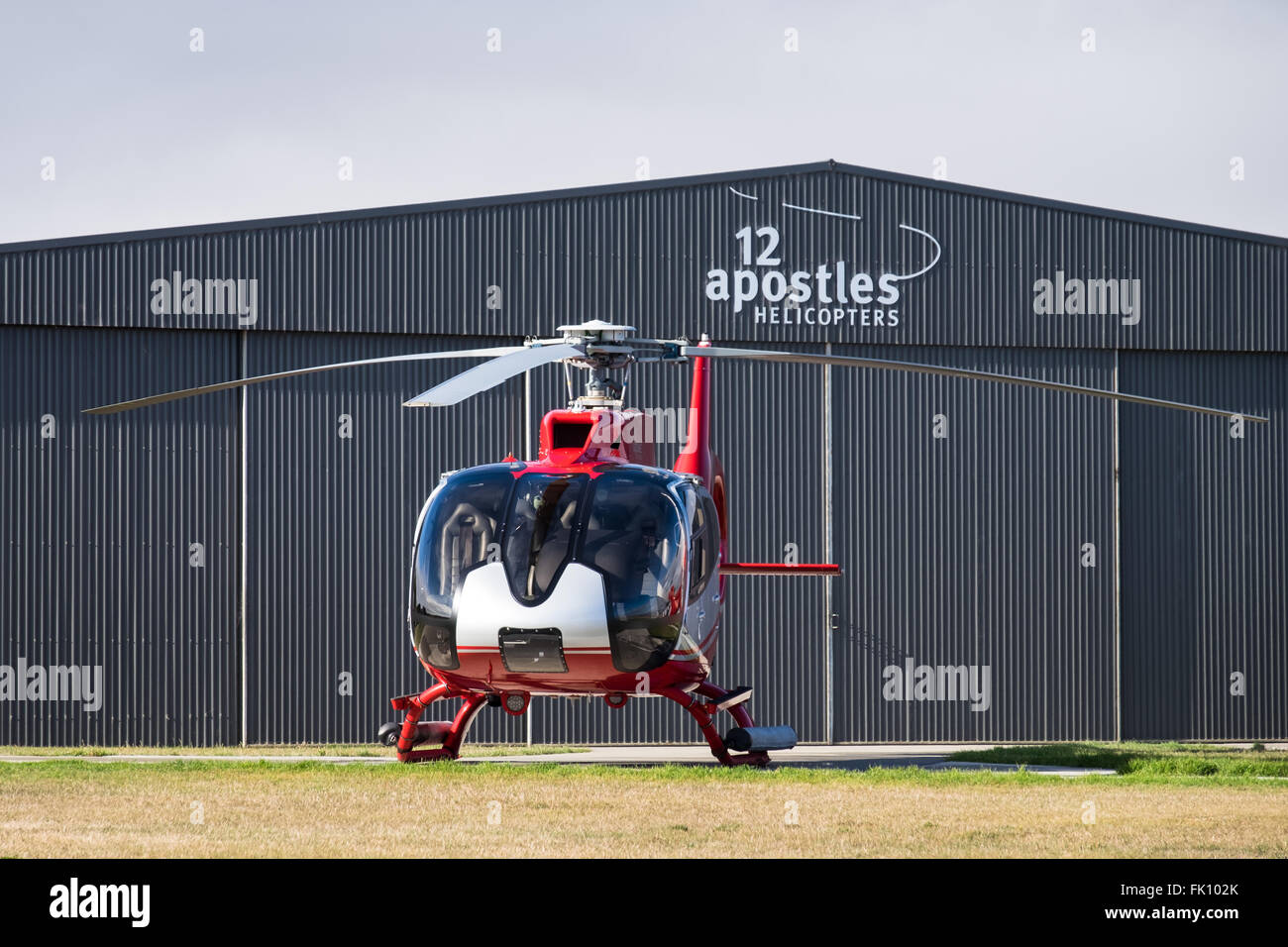 Helicopters that take tourists on flights over the 12 Apostles, along the Great Ocean Road in Victoria, Australia. Stock Photo