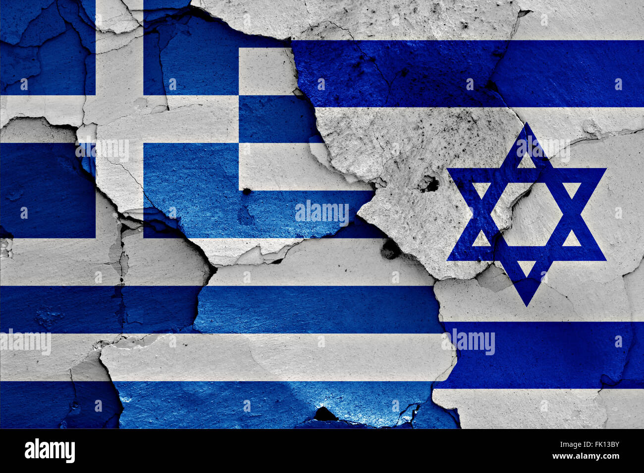 flags of Greece and Israel painted on cracked wall Stock Photo