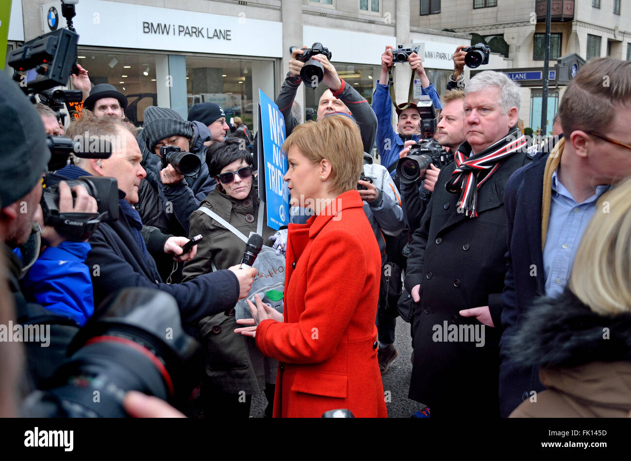 Nicola Sturgeon MSP, Scottish First Minister, being interviewed for television at the 'StopTrident' march, London 2016... Stock Photo