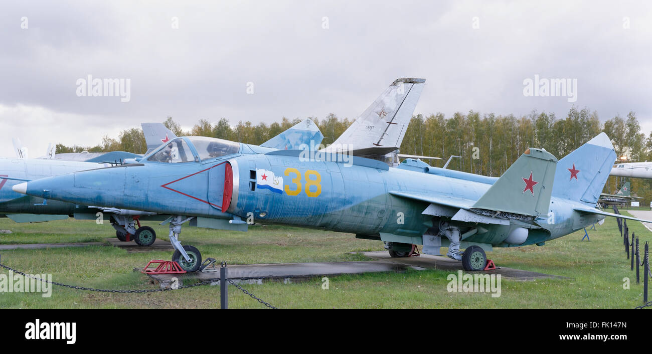 MONINO, MOSCOW REGION, RUSSIA- OCTOBER 8- Yak-38- Ship strike aircraft with vertical take-off and landing(1970).Max.speed,km/h-1 Stock Photo