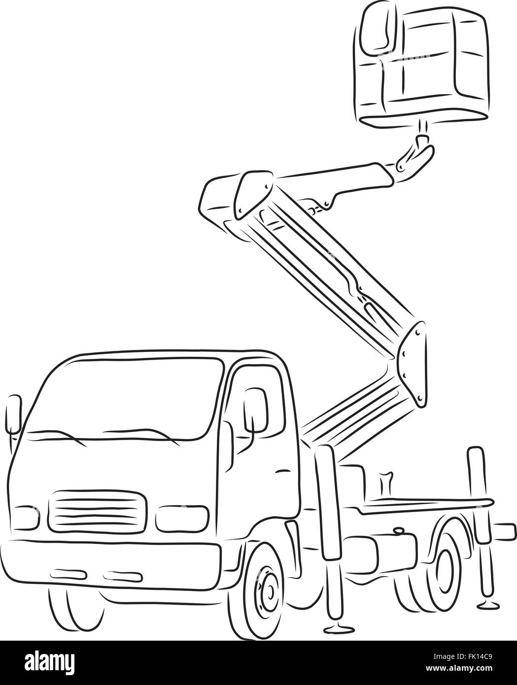 Hand-drawn outline of bucket truck isolated on white background. Art vector illustration for your design Stock Vector