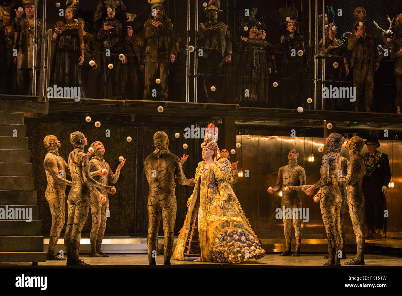 London, UK. 2 March 2016. Pictured: Anthony Roth Costanzo as Akhnaten with members of Gandini Juggling. English National Opera (ENO) dress rehearsal of the Philip Glass opera Akhnaten at the London Coliseum. 7 performances from 4  to 18 March 2016. Directed by Phelim McDermott with Anthony Roth Costanzo as Akhnaten, Emma Carrington as Nefertiti, Rebecca Bottone as Queen Tye, James Cleverton as Horemhab, Clive Bayley as Aye, Colin Judson as High Priest of Amon and Zachary James as Scribe. Skills performances by Gandini Juggling. Stock Photo