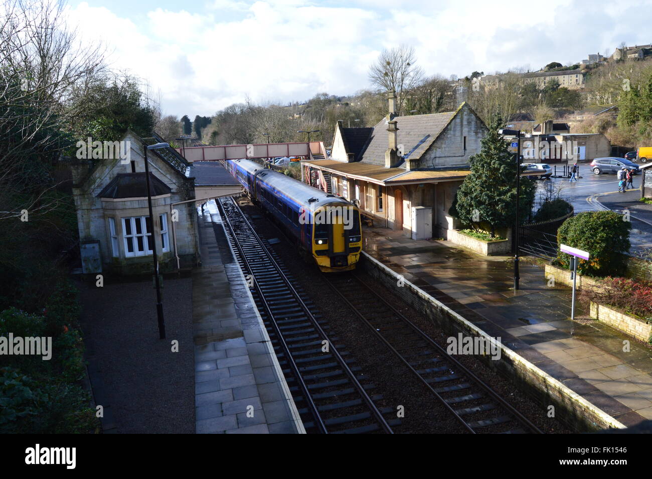 A Great Western train at railway station in Bradford on Avon, Wiltshire