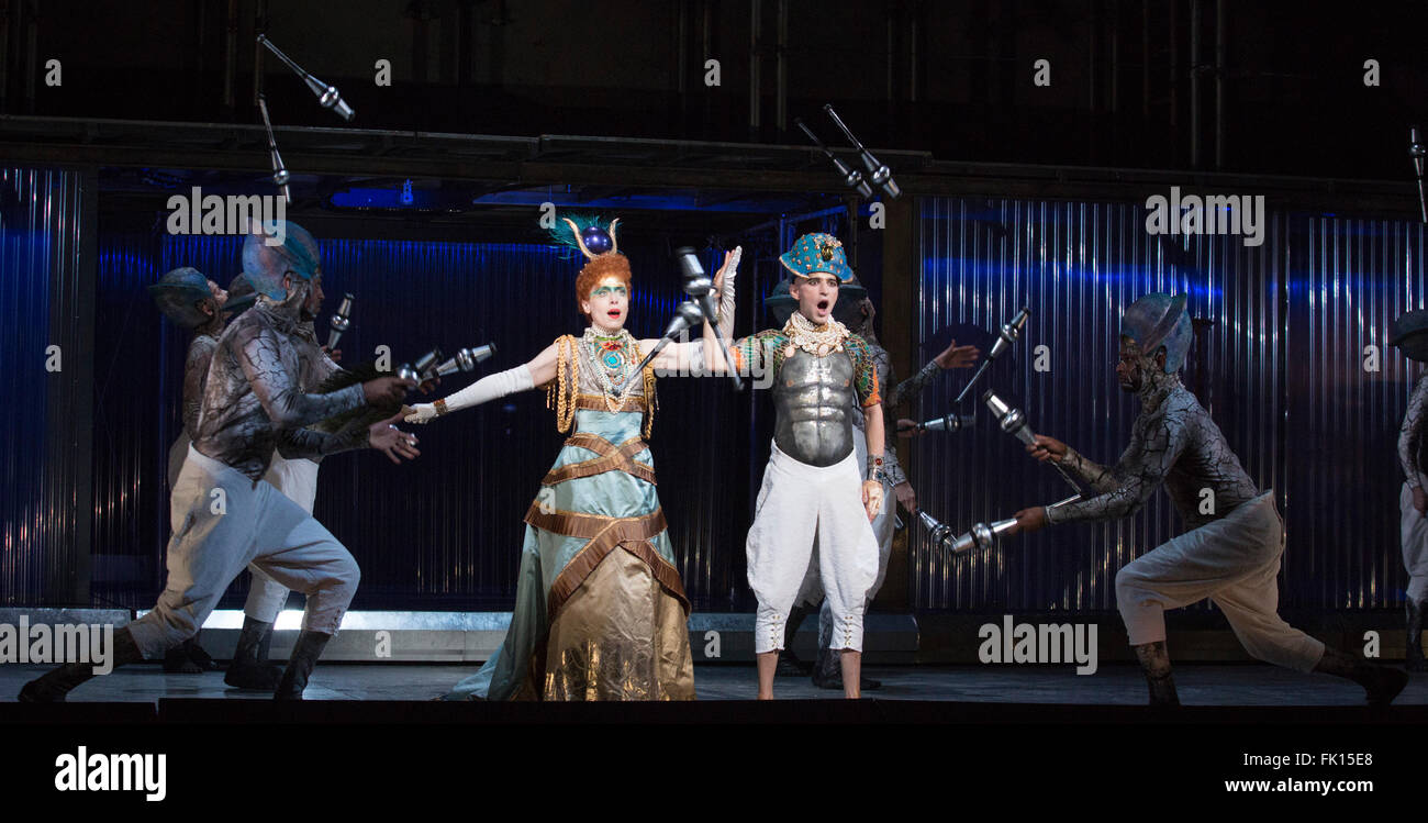 London, UK. 2 March 2016. Rebecca Bottone as Queen Tye and Anthony Roth