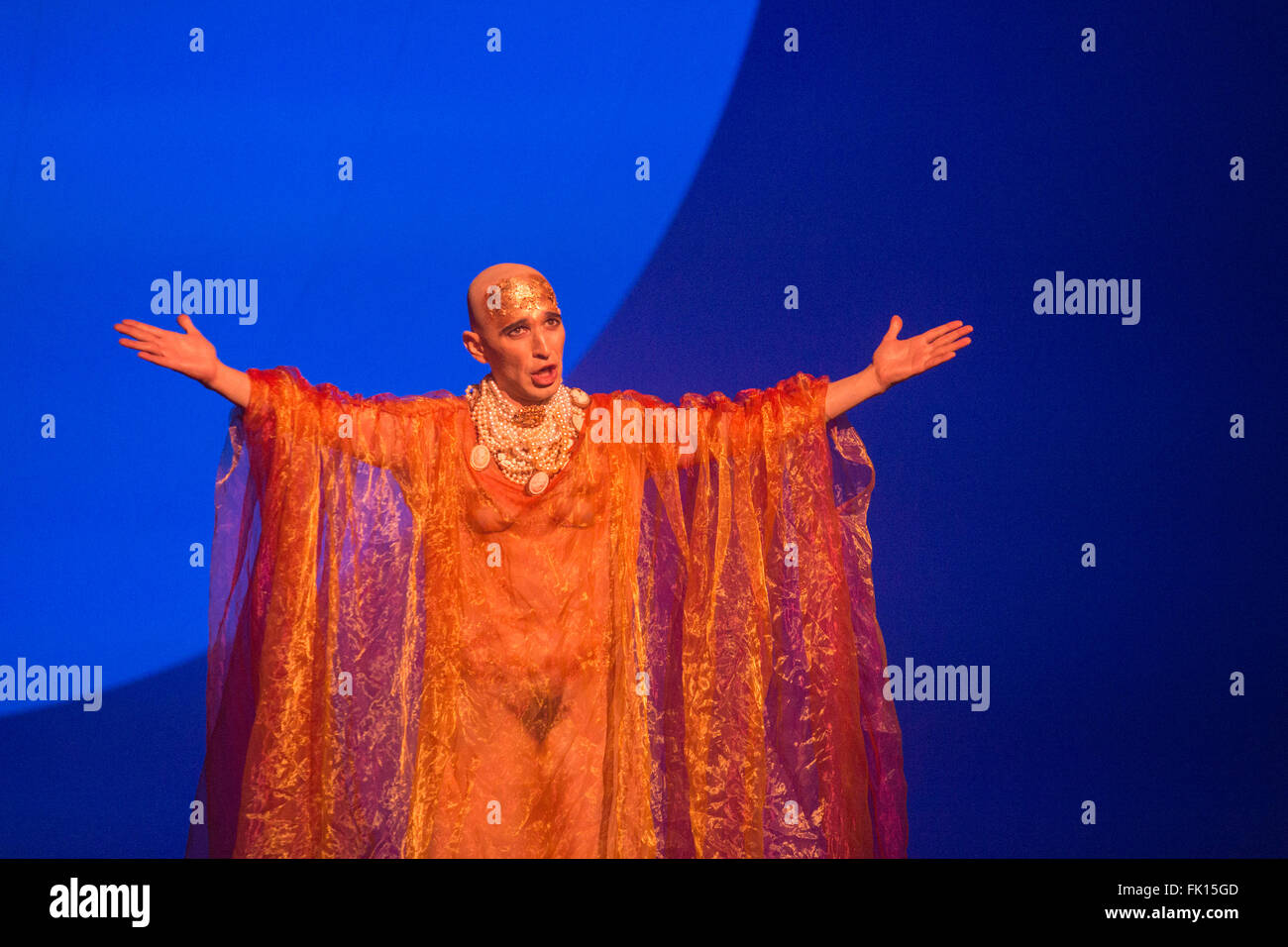 London, UK. 2 March 2016. Pictured: Anthony Roth Costanzo as Akhnaten. English National Opera (ENO) dress rehearsal of the Philip Glass opera Akhnaten at the London Coliseum. 7 performances from 4  to 18 March 2016. Directed by Phelim McDermott with Anthony Roth Costanzo as Akhnaten, Emma Carrington as Nefertiti, Rebecca Bottone as Queen Tye, James Cleverton as Horemhab, Clive Bayley as Aye, Colin Judson as High Priest of Amon and Zachary James as Scribe. Skills performances by Gandini Juggling. Stock Photo