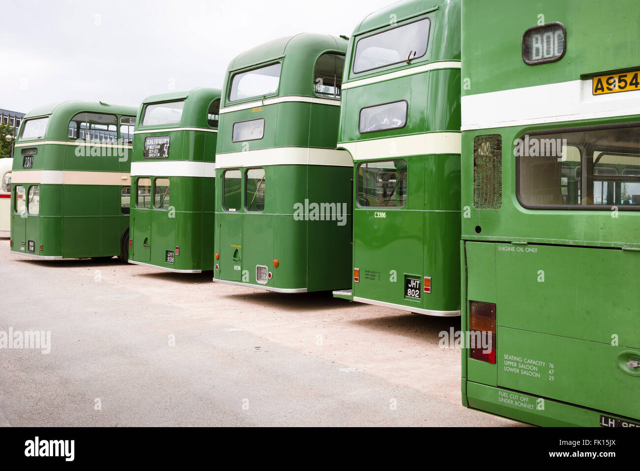 A row of 1950s-60s restored green vintage Bristol buses at the annual Vintage Bus Rally in the city. Stock Photo
