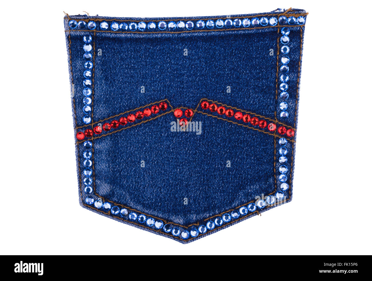 Denim pocket encrusted with rhinestones, isolated on a white background Stock Photo