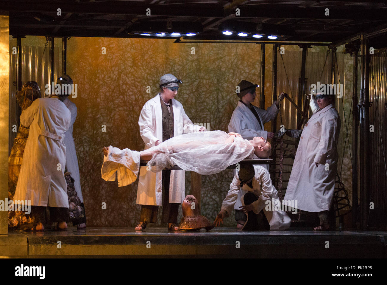 London, UK. 2 March 2016. Pictured: Anthony Roth Costanzo as Akhnaten. English National Opera (ENO) dress rehearsal of the Philip Glass opera Akhnaten at the London Coliseum. 7 performances from 4  to 18 March 2016. Directed by Phelim McDermott with Anthony Roth Costanzo as Akhnaten, Emma Carrington as Nefertiti, Rebecca Bottone as Queen Tye, James Cleverton as Horemhab, Clive Bayley as Aye, Colin Judson as High Priest of Amon and Zachary James as Scribe. Skills performances by Gandini Juggling. Stock Photo