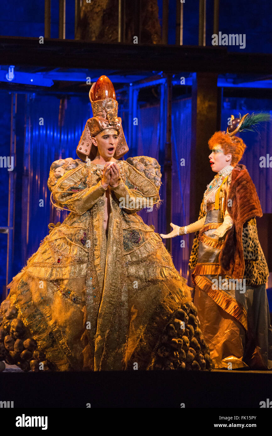 London, UK. 2 March 2016. Anthony Roth Costanzo as Akhnaten and Rebecca Bottone as Queen Tye. English National Opera (ENO) dress rehearsal of the Philip Glass opera Akhnaten at the London Coliseum. 7 performances from 4  to 18 March 2016. Directed by Phelim McDermott with Anthony Roth Costanzo as Akhnaten, Emma Carrington as Nefertiti, Rebecca Bottone as Queen Tye, James Cleverton as Horemhab, Clive Bayley as Aye, Colin Judson as High Priest of Amon and Zachary James as Scribe. Skills performances by Gandini Juggling. Stock Photo