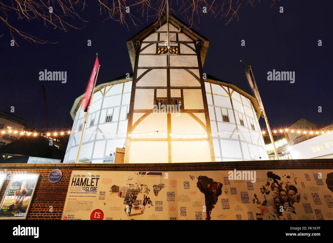 London - March 3, 2016: Outside view of Shakespeare's Globe Theatre,Southwark London, since 1997, designed by Pentagram. Stock Photo