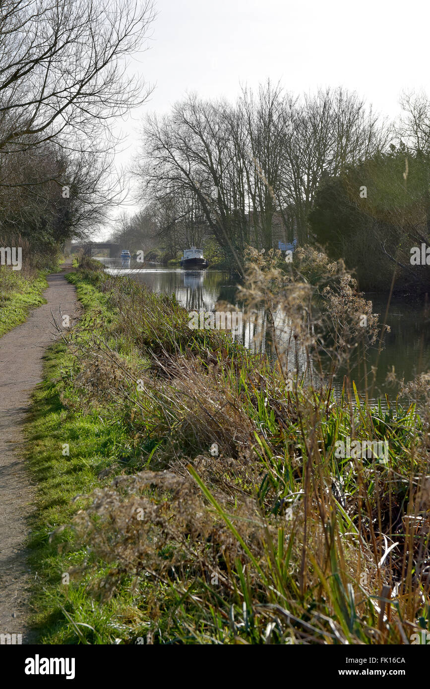 canal scene with tow path and trees lining the bank in winter Stock Photo