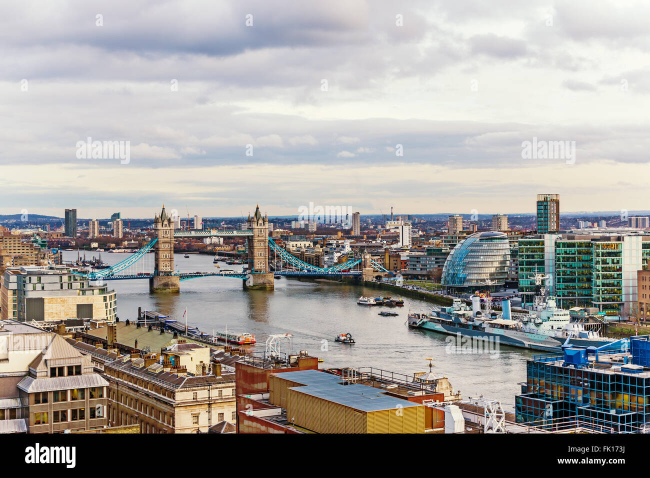 New Beautiful Urban View of London, England with Tower Bridge, City Hall and Thames River Stock Photo
