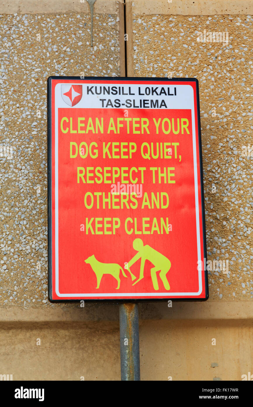Sign encouraging good dog ownership, Tas Sliema, Valletta, Malta. Stock Photo