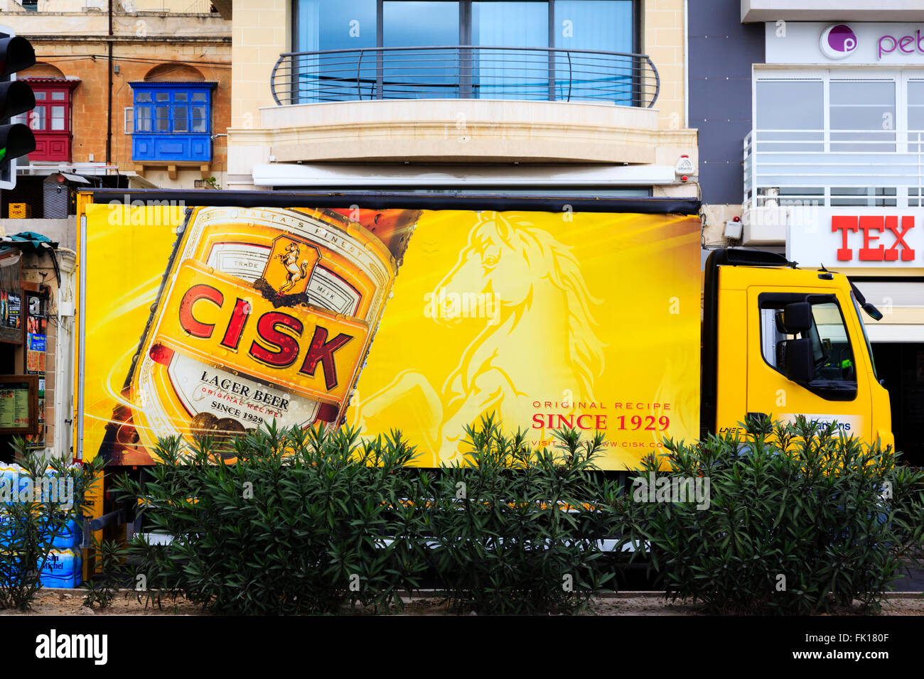 Maltese brewed Cisk lager delivery truck, Sliema, Malta Stock Photo