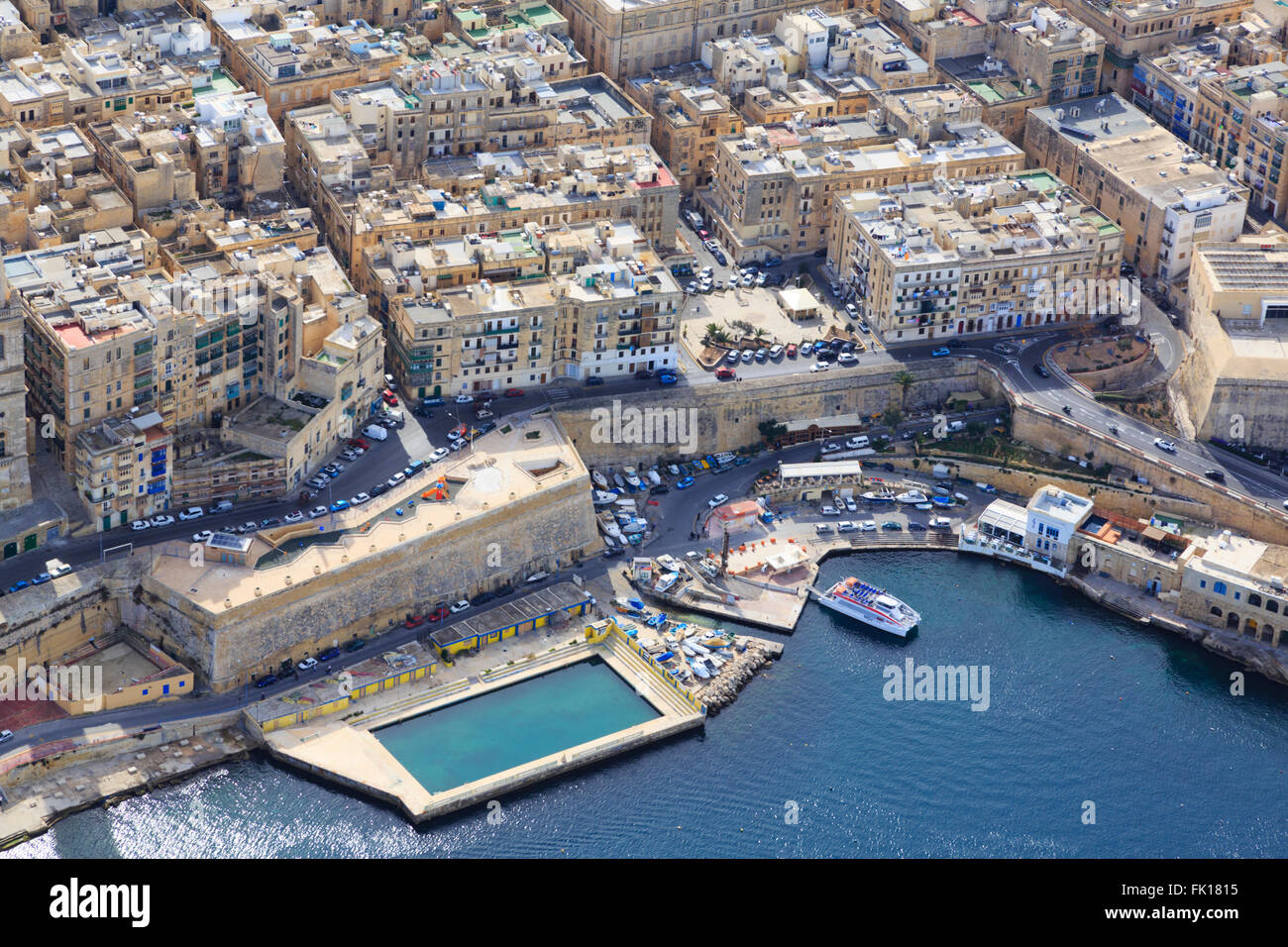 Aerial view of Valletta Sliema ferry landing and water polo pool.Malta Stock Photo
