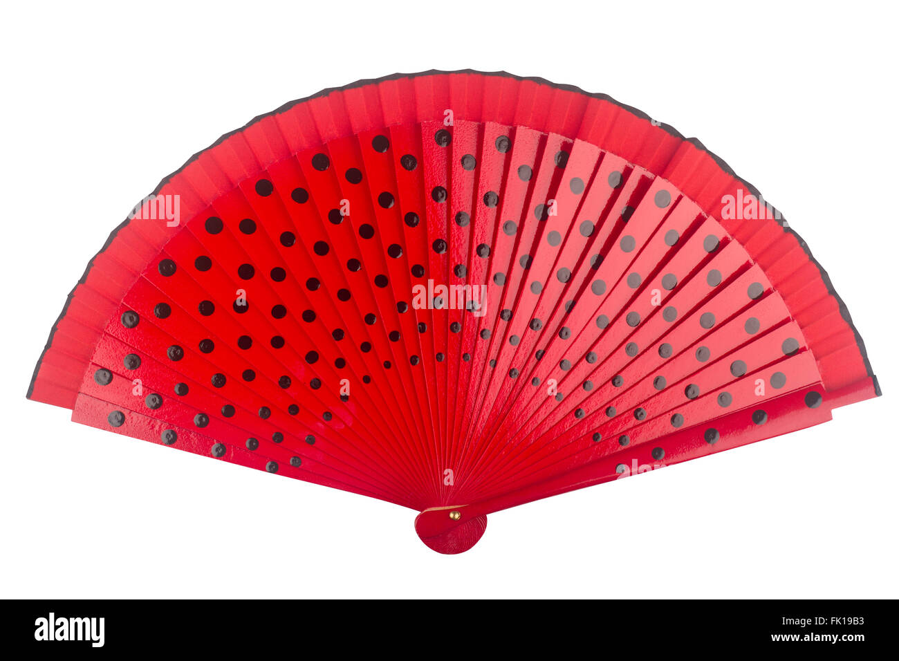 Open red fan with black dots isolated on white background Stock Photo
