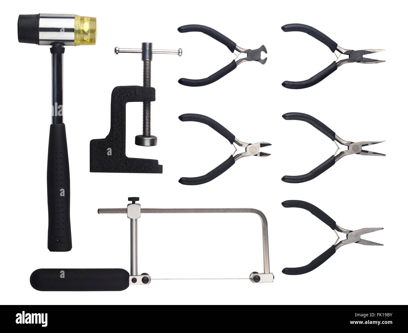 Set of working tools with black handles, isolated on white background Stock Photo