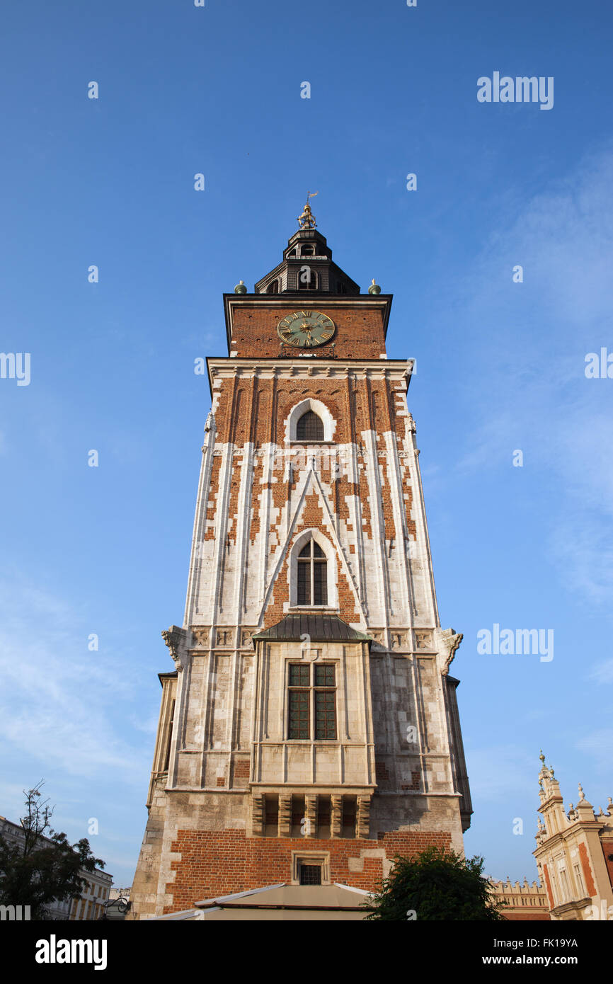 Poland, Krakow, Town Hall Tower on Main Market Square in the Old Town, 13th century Gothic architecture Stock Photo