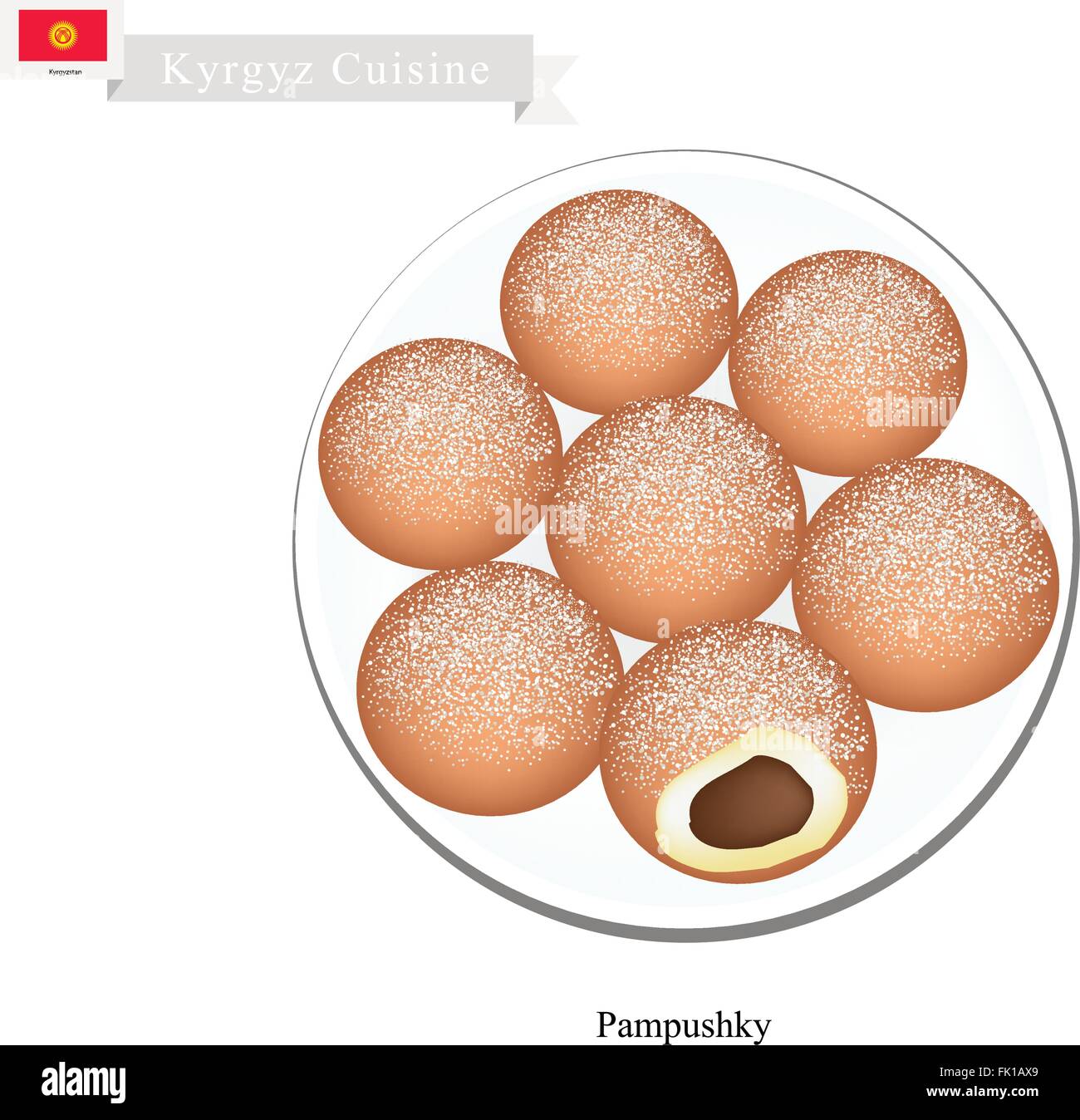 Kyrgyz Cuisine, Pampushky or Sweet Raised Doughnuts Sprinkled with Powdered Sugar or Garlic. One of Most Popular Dish in Kyrgyzs Stock Vector