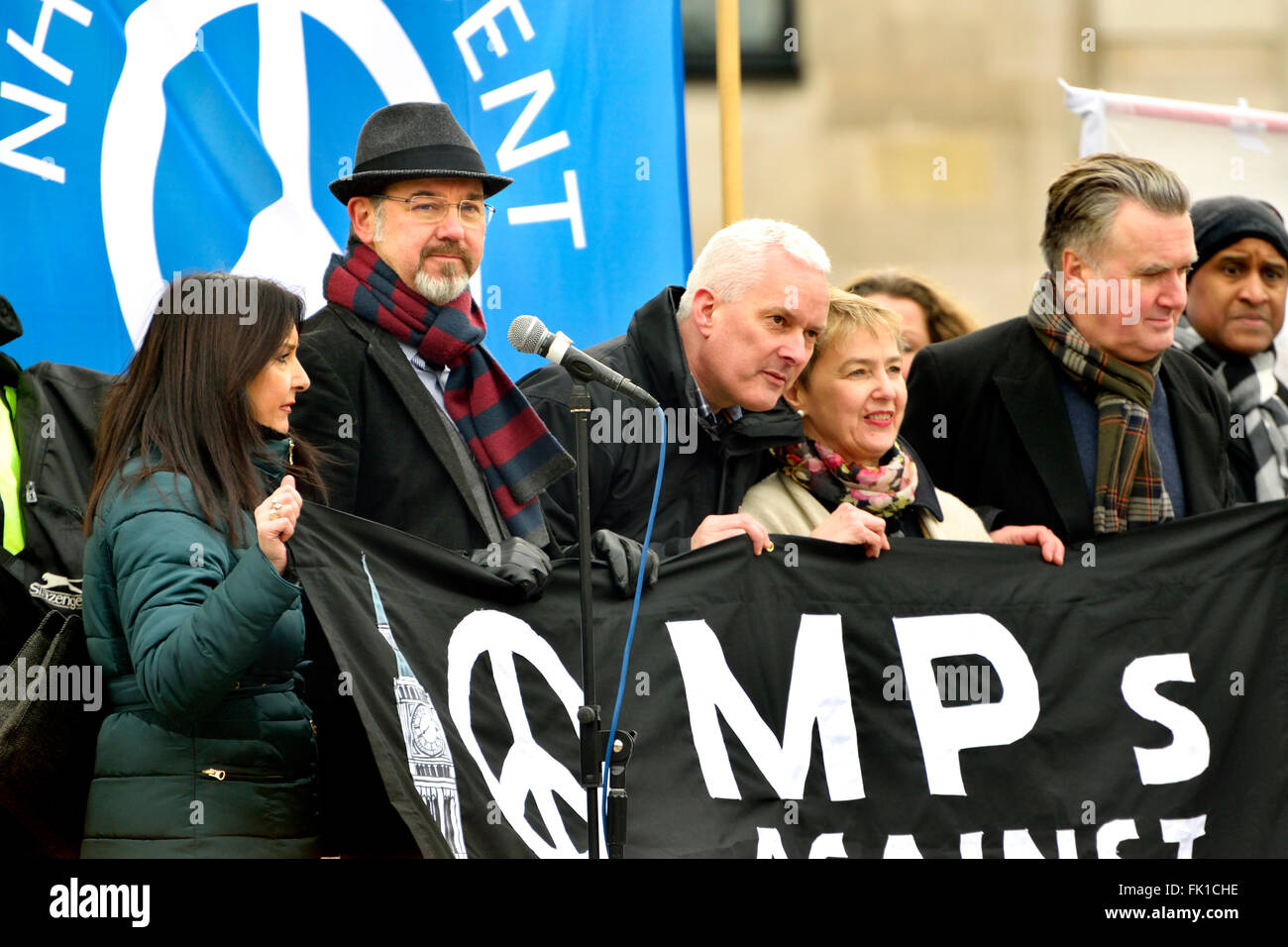 SNP Members of Parliament hold an 'MPs Against Trident, banner, Trafalgar Square, London 27th Feb 2016. L-R: (see 'description') Stock Photo