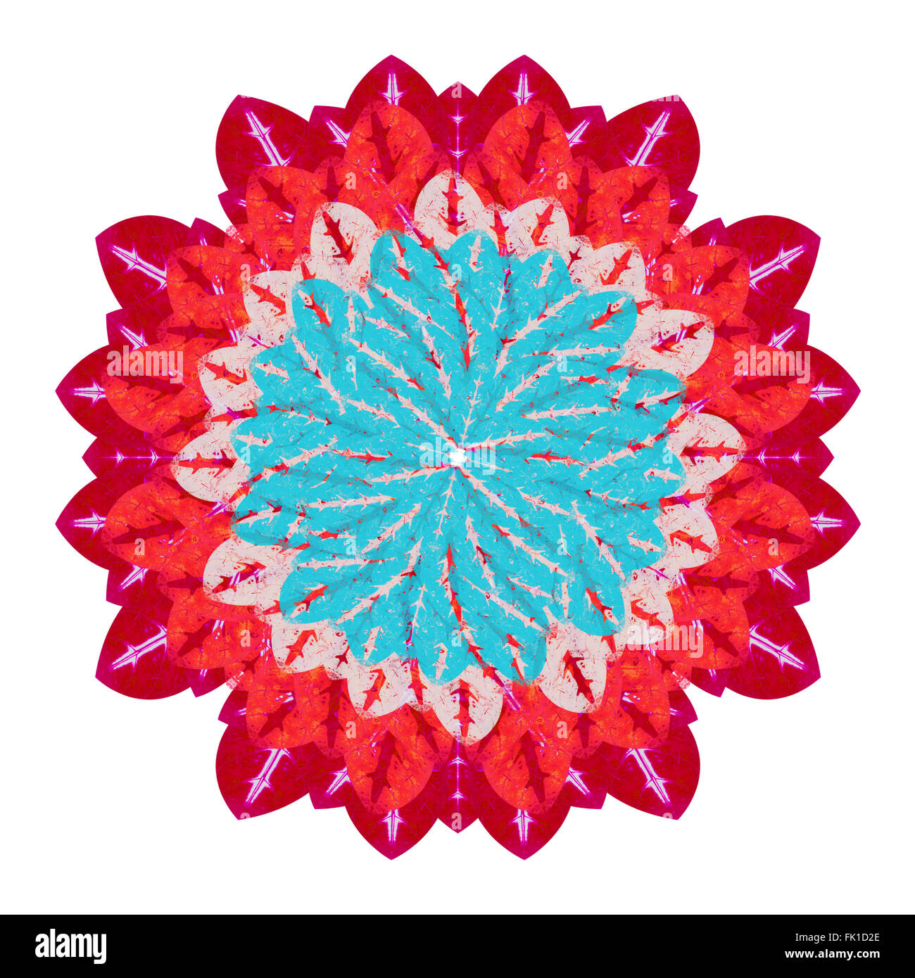 Felt tip hand draw flower in saturated reds and cyan colors isolated in white background Stock Photo