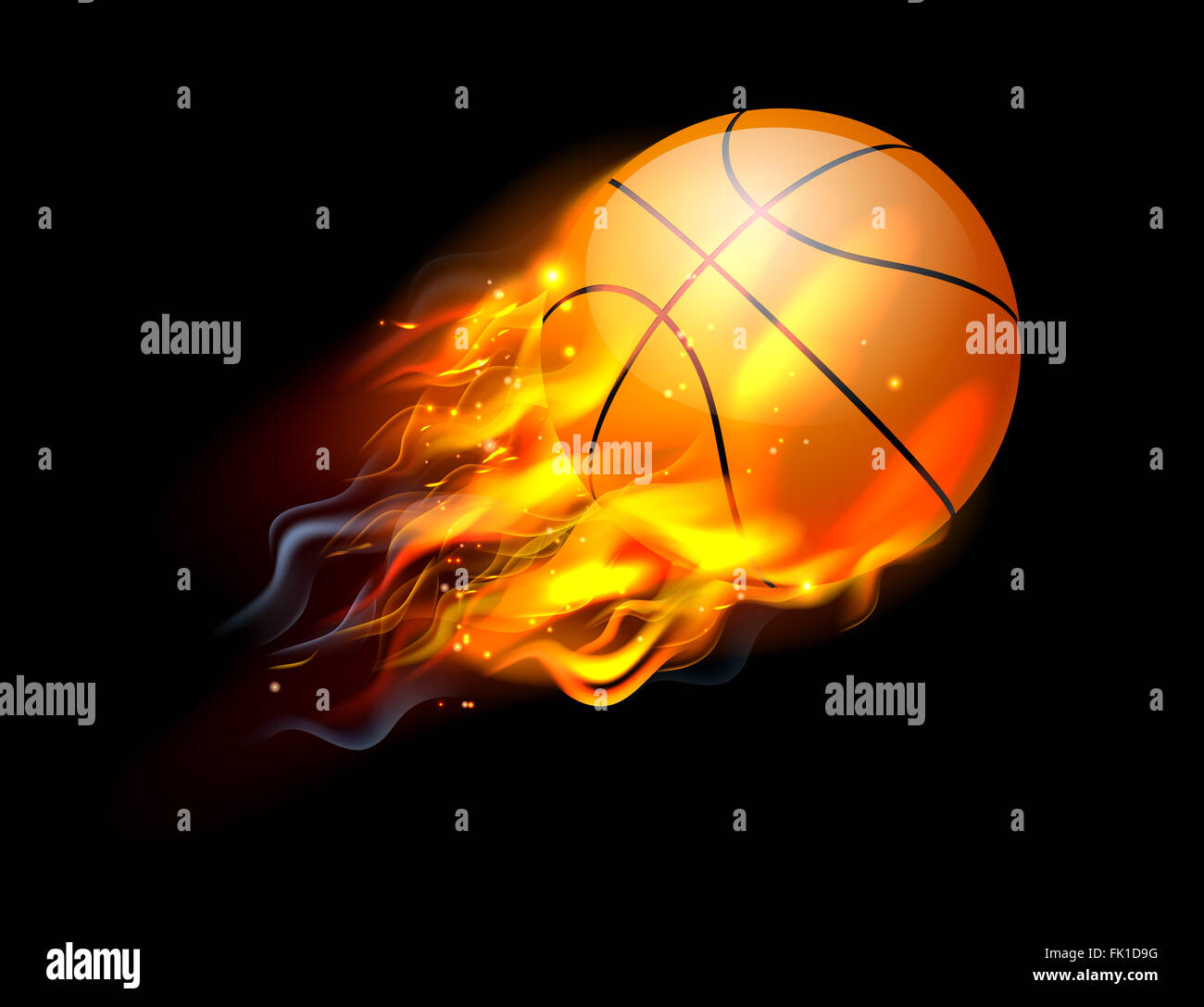 A flaming basketball ball on fire flying through the air Stock Photo