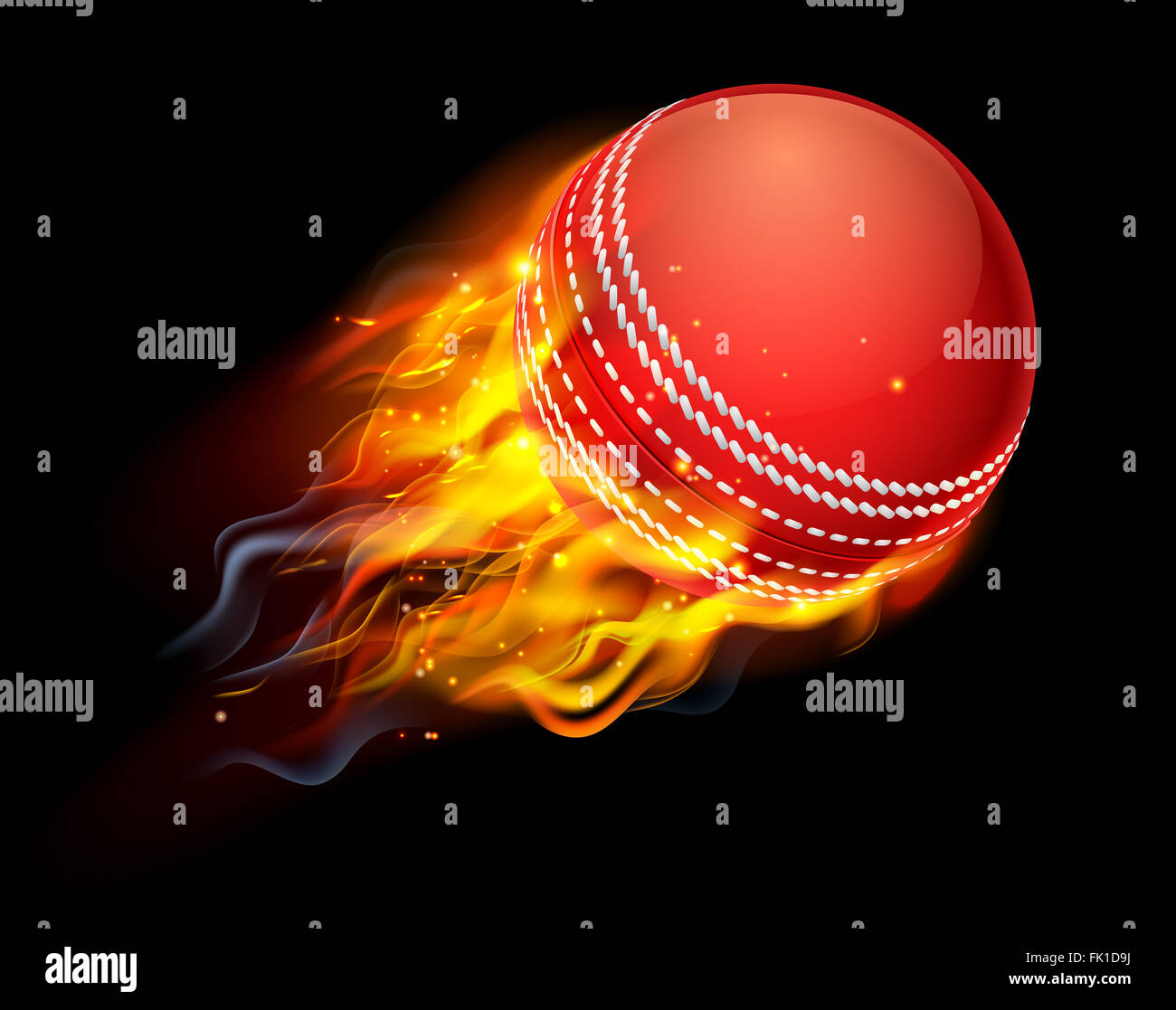 A flaming cricket ball on fire flying through the air Stock Photo