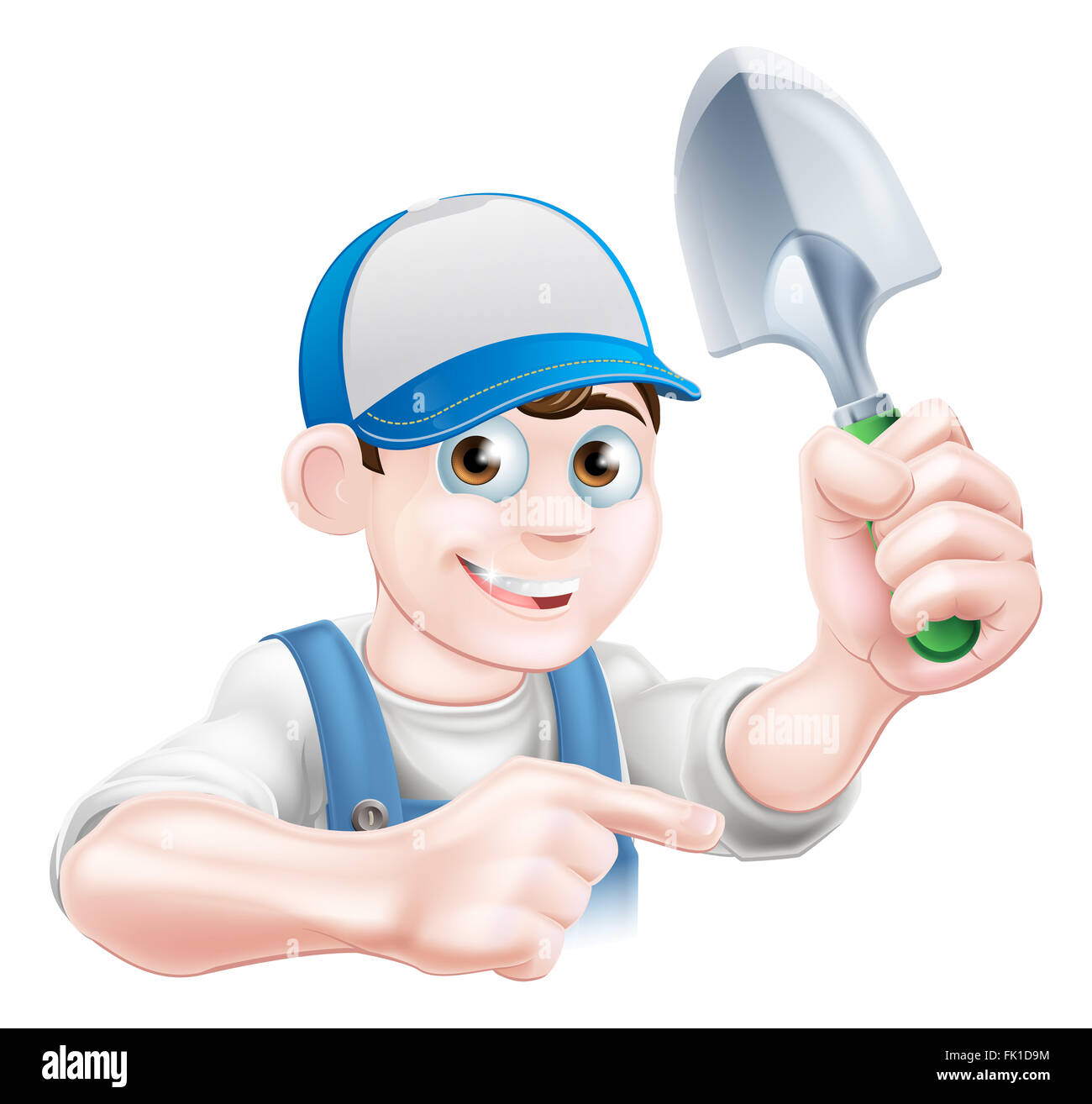 A cartoon gardener character in a cap and blue dungarees holding a garden trowel tool and pointing Stock Photo
