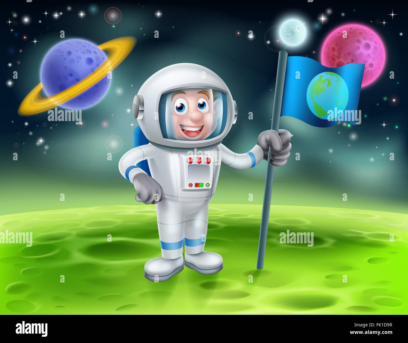 An illustration of a cartoon astronaut holding a flag on a moon or planet with alien planets in the background Stock Photo