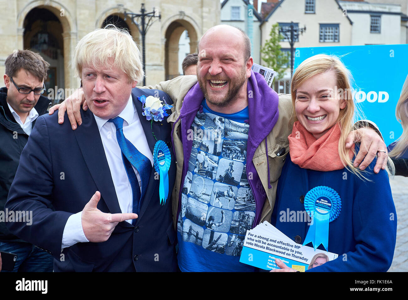 Boris Johnson (L) campaigning in Abingdon with candidate Nicola Blackwood (R) during the 2015 general election Stock Photo