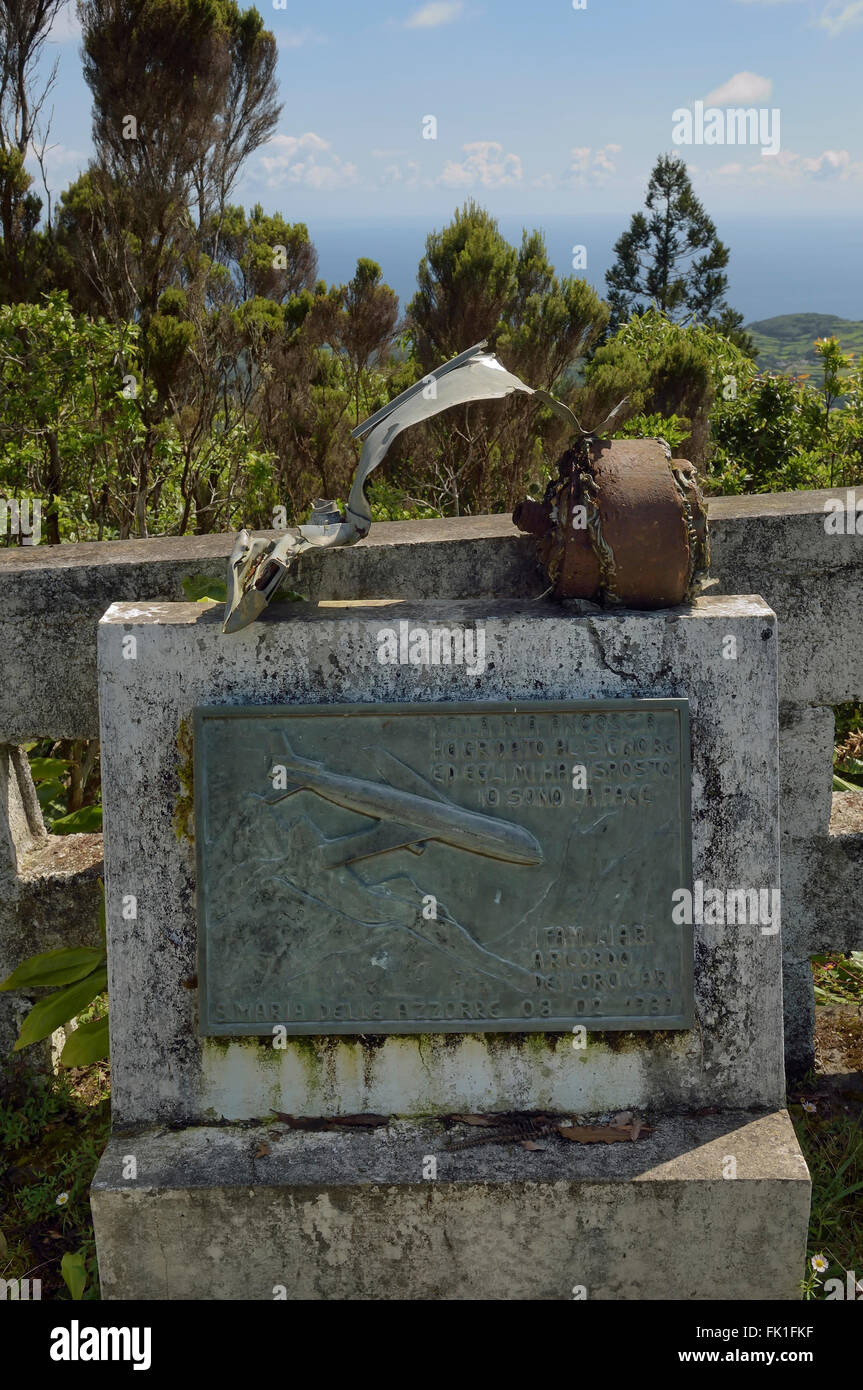 Fragments of the Boeing 707 on top of the memorial of Independent Air Flight 1851that crashed into Pico Alto. Azores. Portugal Stock Photo