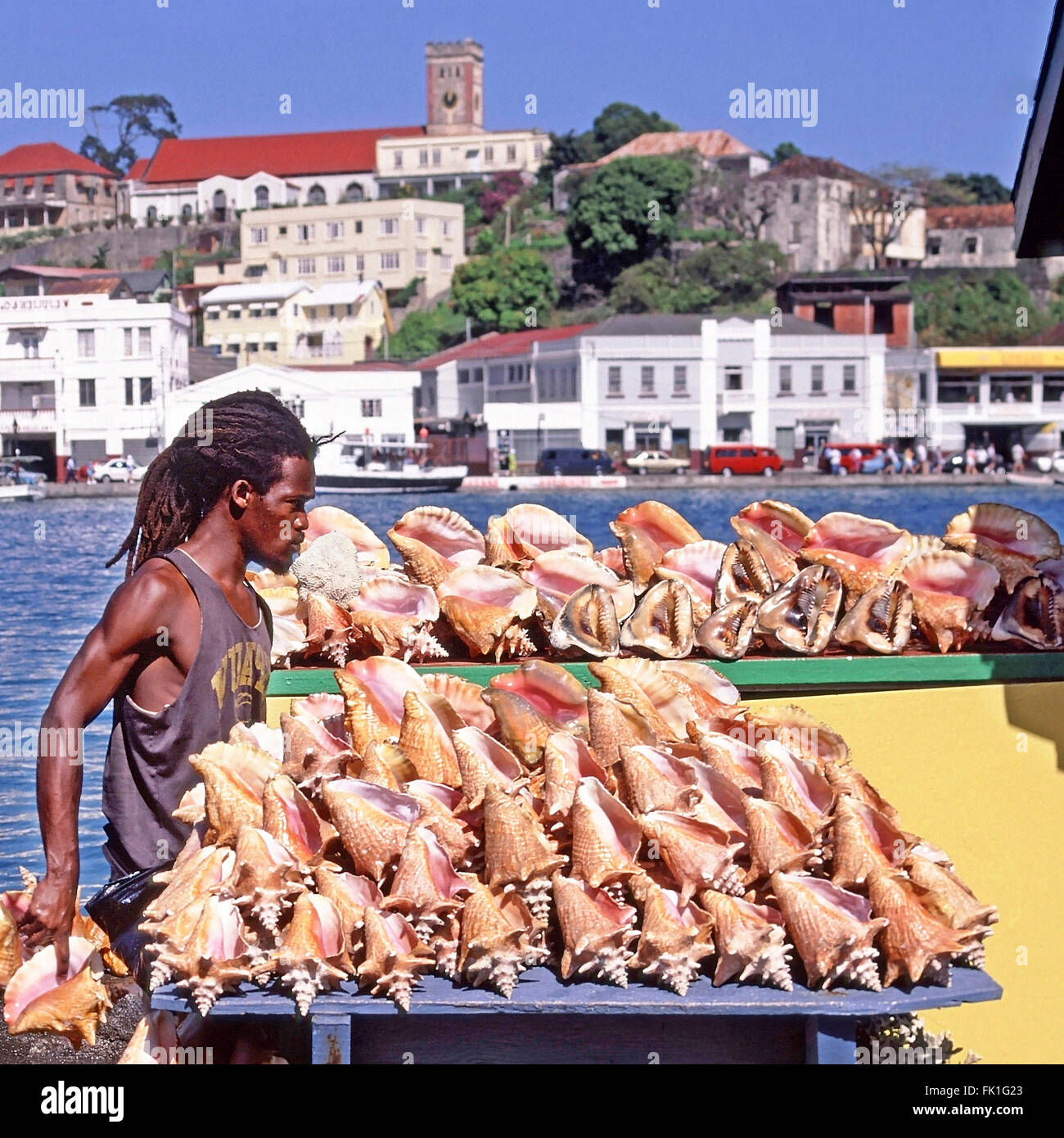 Grenada Caribbean St Georges harbour in the Caribbean Sea waterside trader & market stall selling conch shells to tourists from cruise ship liners Stock Photo