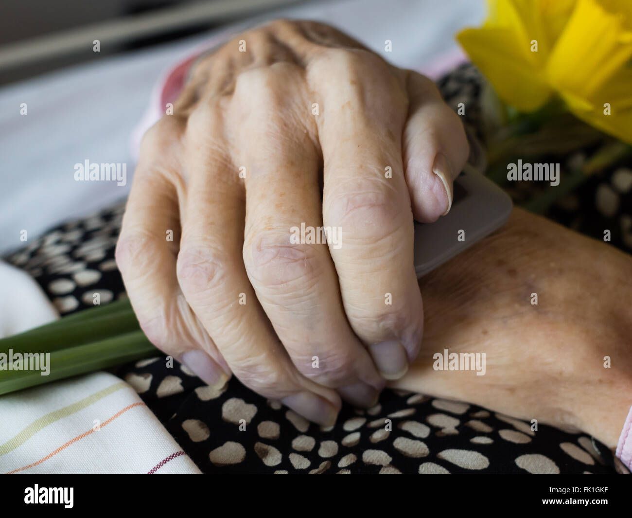 Closeup of a dead womans folded hands Stock Photo
