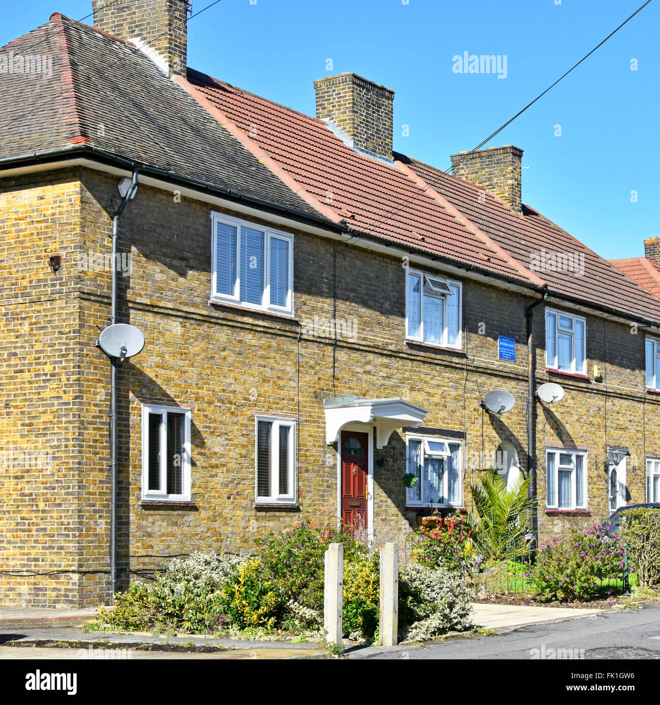 Council estate first block of houses completed on LCC Becontree Housing Estate 1921 recorded on blue plaque now in Barking and Dagenham East London UK Stock Photo